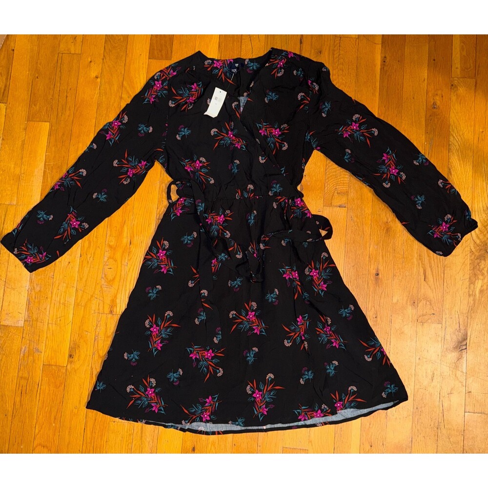 GAP Floral Wrap Dress Medium Black Long Sleeve Mini Dress Pink Teal Floral Print